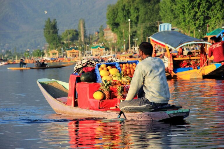 Colorful floating vegetable market on Dal Lake, showcasing vibrant fruits and vegetables being sold from traditional wooden boats, surrounded by picturesque mountains and lush greenery