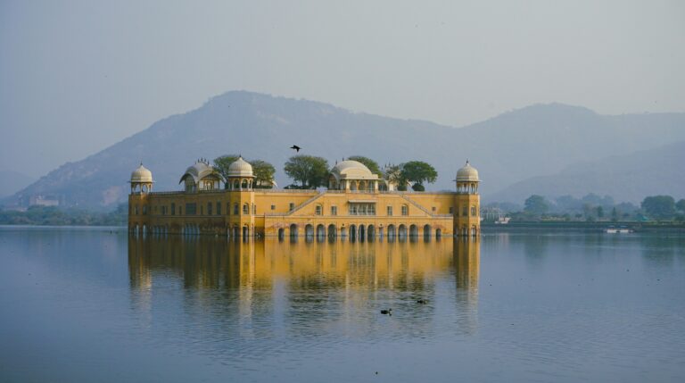 Scenic view of Jal Mahal, the Water Palace, with Aravalli hills in the background