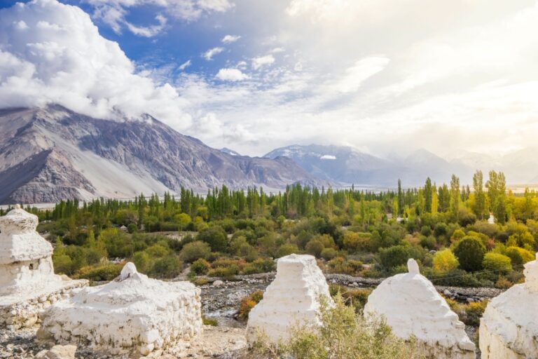 Panoramic view of Nubra Valley in Ladakh, showcasing its dramatic landscape with vast stretches of arid terrain, lush green patches, snow-capped peaks, and the meandering Shyok River