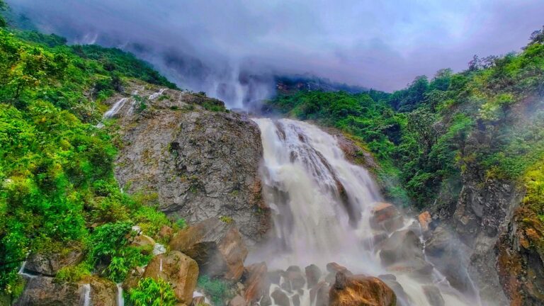 The tallest plunge waterfall in India, located near Cherrapunji.